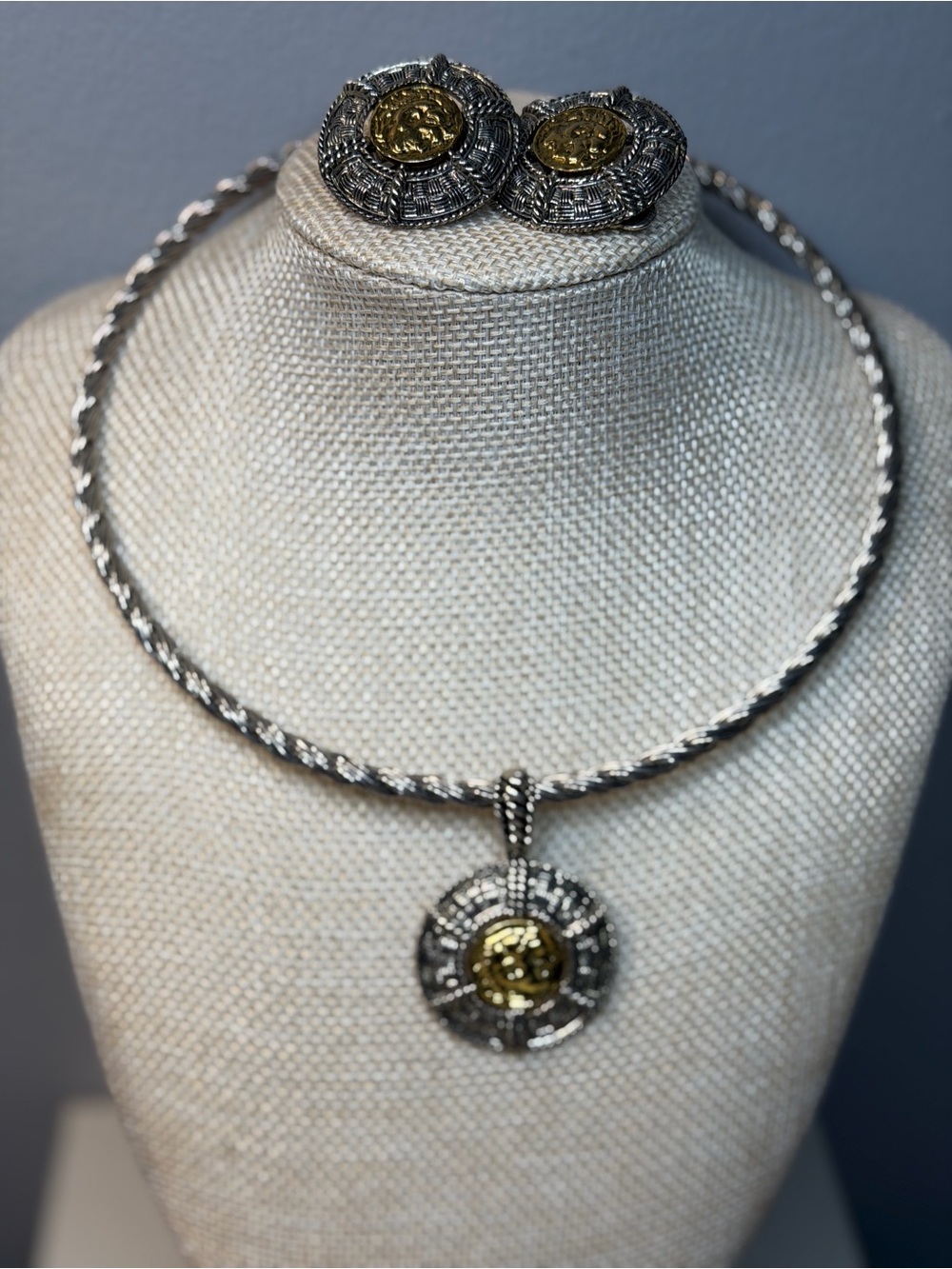Two-Tone Silver and Gold Medallion Necklace and Earrings Set
